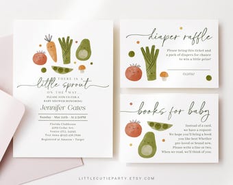 Invitación editable para baby shower de "Un pequeño brote está en camino" con sorteo de pañales, libros para bebé y etiqueta LSPBS001