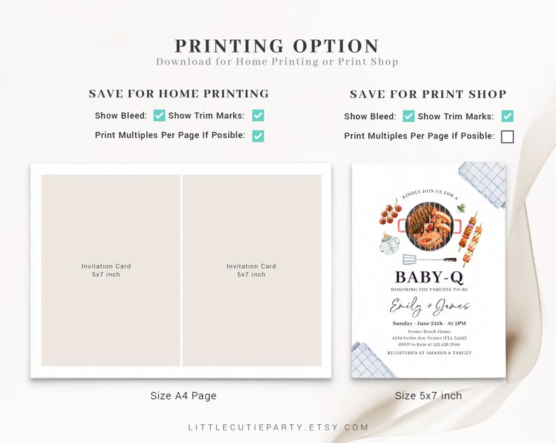 May include: Printable baby shower invitation with a watercolor illustration of a grill with food, a baby bottle, and skewers. The text reads "Kindly join us for a Baby-Q honoring the parents-to-be Emily & James". The invitation is available in two sizes: 5x7 inches and A4.
