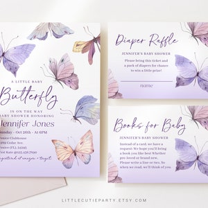 Bewerkbare paarse vlinder baby shower uitnodiging, vlinder baby shower uitnodiging, met gunst en kaarten voor Butterfly Party thema BTFBS002