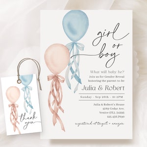 Editable Pink and Blue Balloon Gender Reveal Invitation, Gender Reveal Balloon Invitation, Boy Or Girl with Tag Favor BALGR002