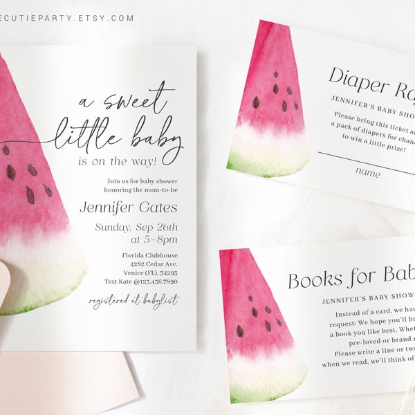 Editable Watermelon Baby Shower Invitation, Melon Baby Shower with Diaper Raffle, Books for Baby and Gift Tag WTMBS001