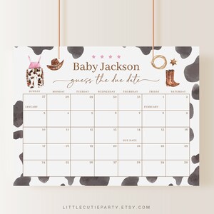 Editable Cowgirl Baby Shower Calendar, Cowgirl Due Date Calendar, Baby Shower Due Date Calendar Games for Shower CWGBS001