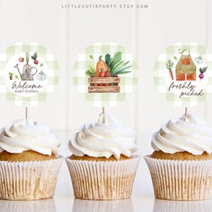 Bewerkbare lokaal geteelde cupcaketoppers, boerenmarktcupcaketopper, voor kleine spruit babyshowerdecoraties LCGBS001