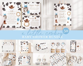 Peut inclure: Un lot de 30 articles imprimables sur le thème du cow-boy pour une fête prénatale. Le lot comprend des invitations, des pancartes de bienvenue, des décorations pour cupcakes et des étiquettes cadeaux. Les motifs présentent une palette de couleurs bleu et marron avec un motif de peau de vache et des chapeaux de cow-boy.