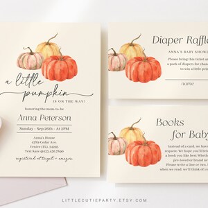 Editable Little Pumpkin Baby Shower Invitation Set, Fall Autumn Pumpkin Baby Shower Invite, Pumpkin Baby Invite Set PMKBS001