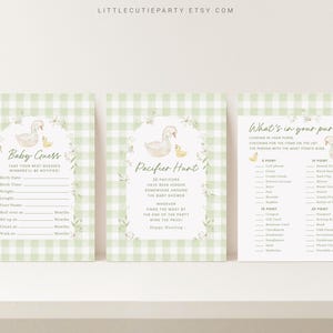 May include: Three printable baby shower game cards with a green and white gingham pattern. The cards feature a cute illustration of a swan and a duckling. The games are "Baby Guess", "Pacifier Hunt", and "What's in your purse?"