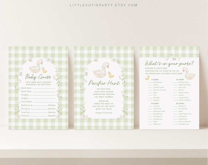 May include: Three printable baby shower game cards with a green and white gingham pattern. The cards feature a cute illustration of a swan and a duckling. The games are "Baby Guess", "Pacifier Hunt", and "What's in your purse?"