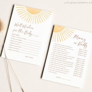 May include: A printable baby shower game with a yellow sun graphic. The game asks guests to guess who will do certain things, like change more diapers, spoil the baby more, or take more photos of the baby. The options are "Mom" or "Dad".