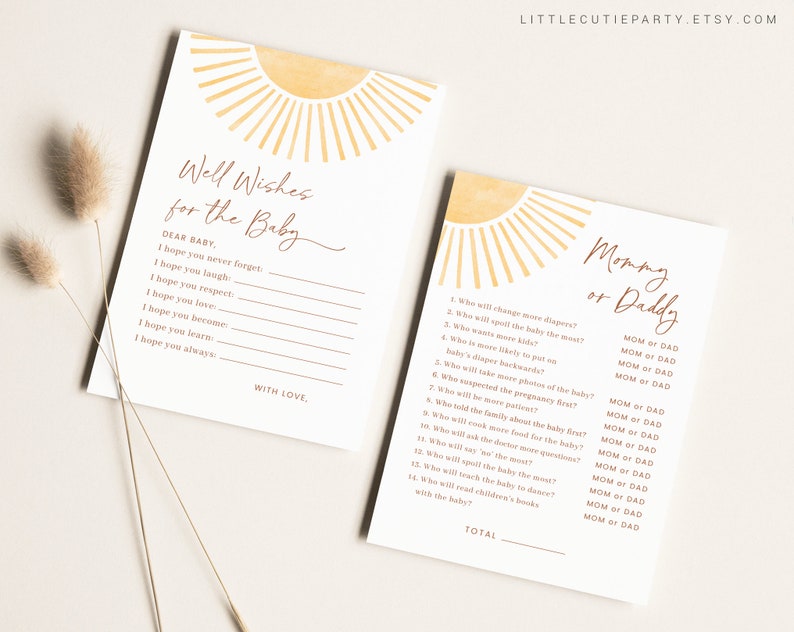 May include: A printable baby shower game with a yellow sun graphic. The game asks guests to guess who will do certain things, like change more diapers, spoil the baby more, or take more photos of the baby. The options are "Mom" or "Dad".
