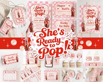 May include: A collection of baby shower stationery featuring a pink and white checkered pattern, soda bottle graphics, and the text She's Ready to Pop. Includes invitations, thank you tags, raffle cards, signage, and labels with red accents.