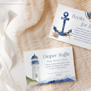 May include: A blue and white nautical themed baby shower invitation with an anchor and a life preserver. The text reads "Books for Baby" and "Instead of a card, we have a request: We hope you'll bring a book you like best Whether pre-loved or brand new, Please write a line or two, So when we read, we'll think of you."