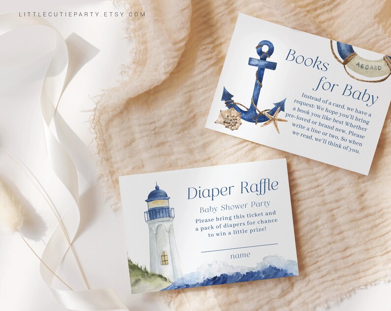 May include: A blue and white nautical themed baby shower invitation with an anchor and a life preserver. The text reads "Books for Baby" and "Instead of a card, we have a request: We hope you'll bring a book you like best Whether pre-loved or brand new, Please write a line or two, So when we read, we'll think of you."