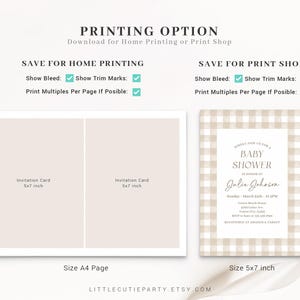 May include: Printable baby shower invitation template with a gingham pattern in beige and white. The invitation text reads "Kindly join us for a baby shower in honor of Julia Johnson". The invitation is 5x7 inches and can be printed on a standard A4 page.