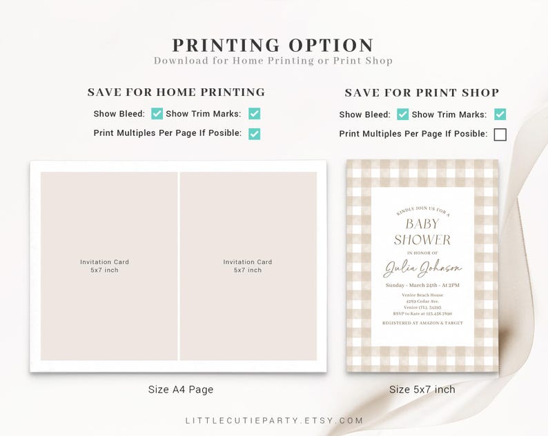 May include: Printable baby shower invitation template with a gingham pattern in beige and white. The invitation text reads "Kindly join us for a baby shower in honor of Julia Johnson". The invitation is 5x7 inches and can be printed on a standard A4 page.