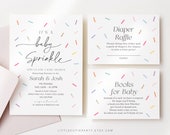 Editable Baby Sprinkle Invitation, Sprinkled With Love Baby Shower with Diaper Raffle, Books for Baby and Gift Tag Sprinkles Party SPKBS001