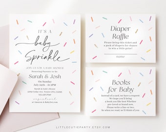 Bearbeitbare Baby Sprinkle Einladung, besprüht mit Liebe Babyparty mit Windel Tombola, Bücher für Baby und Geschenkanhänger Streusel Party SPKBS001