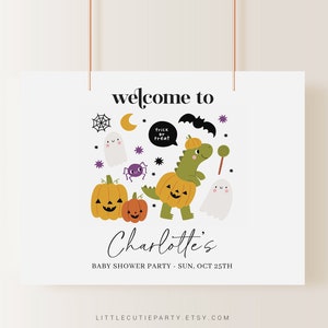 Editable Halloween Baby Shower Banner, Dino Hallowwen Backdrop, Vinyl Banner for Baby Shower Party HLWBS001
