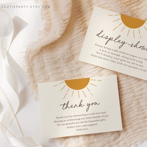 Tarjeta de agradecimiento editable Boho Sun, tarjeta de presentación de baby shower para fiesta de baby shower Sunshine SUNBS001