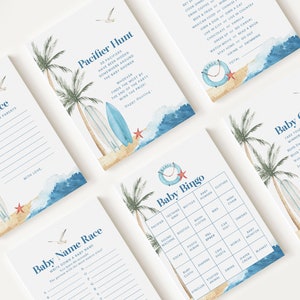 10 Editable Baby on Board Baby Shower Games, Shower Games Bundle, Surf Beach Baby Shower Game Set for Baby Shower Activities BBBBS001