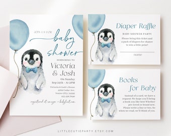 May include: A baby shower invitation with a blue and white penguin holding a blue balloon. The invitation says "Join us for baby shower honoring to Victoria & Josh on Sunday Sep 24th at 2PM Victoria & Josh's House 4289 Cedar Ave. Venice (FL) 34293 123-456.7890 registered at amazon + babylist.com". There are also two cards for a diaper raffle and a book request for the baby.