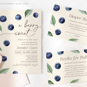 Editable Blueberry Baby Shower Invitation, Berry Sweet Baby Shower Invitation, with Diaper Raffle, Books for Baby and Gift Tag BLUEBS002