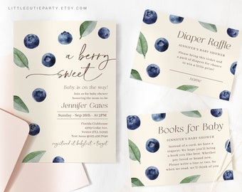 Editable Blueberry Baby Shower Invitation, Berry Sweet Baby Shower Invitation, with Diaper Raffle, Books for Baby and Gift Tag BLUEBS002