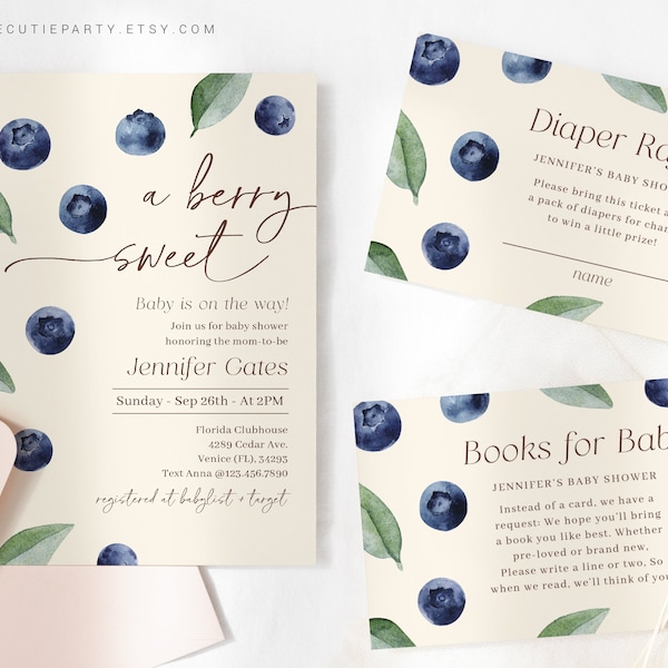 Editable Blueberry Baby Shower Invitation, Berry Sweet Baby Shower Invitation, with Diaper Raffle, Books for Baby and Gift Tag BLUEBS002