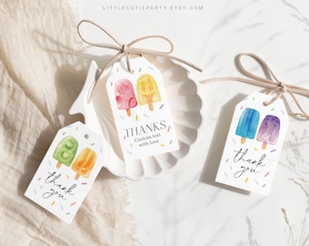 May include: Three different thank you gift tags with watercolor illustrations of popsicles. The first tag features a kiwi and orange popsicle with the text "thank you". The second tag features a strawberry, lemon, and raspberry popsicle with the text "THANKS Custom text with love". The third tag features a blue and purple popsicle with the text "thank you".