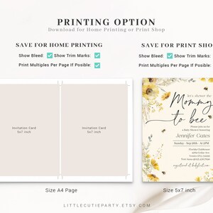 Może przedstawiać: Drukowane zaproszenie na baby shower z ż&oacute;łto-białym wzorem kwiatowym. Tekst brzmi "Let's shower the Mommy to bee". Zaproszenie ma rozmiar 5x7 cali i jest dostępne w formacie A4.