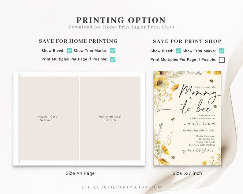 Może przedstawiać: Drukowane zaproszenie na baby shower z ż&oacute;łto-białym wzorem kwiatowym. Tekst brzmi "Let's shower the Mommy to bee". Zaproszenie ma rozmiar 5x7 cali i jest dostępne w formacie A4.