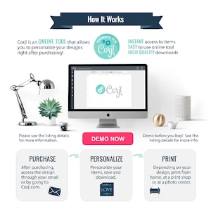 May include: A graphic illustrating how to use Corjl, an online tool for design personalization. The image includes a computer screen displaying the tool, along with steps for purchase, personalization, and printing. Text includes "Demo Now" and "How It Works."