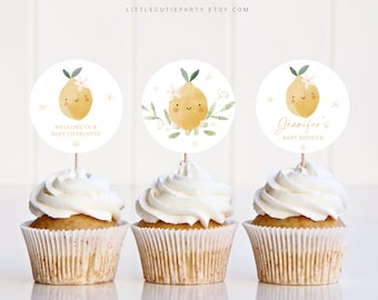 Bewerkbare citroen baby shower cupcake toppers, citrus baby shower taart topper, baby shower taart topper decoraties LMNBS002