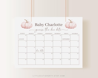 May include: A printable baby shower game featuring a calendar with the months of August and September. The calendar is decorated with pink watercolor pumpkins and the text "Baby Charlotte guess the due date".