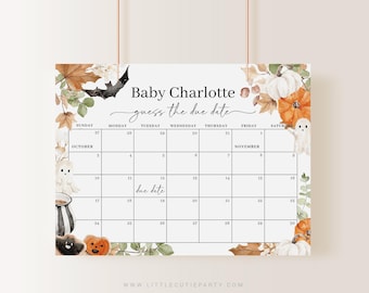 以下が含まれることがあります： 「Baby Charlotte guess the due date」のテキストが入ったハロウィーンをテーマにしたカレンダー。カレンダーにはカボチャ、幽霊、紅葉が描かれています。カレンダーには10月と11月が含まれています。