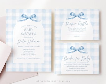 Editable Blue Gingham Baby Shower Invitation, Baby Blue Boy Baby Shower Invite, Gingham with Diaper Raffle, Books for Baby and Tag BGHBS001