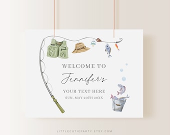 Banner editable de baby shower de pesca, decoración de baby shower de un pequeño pescador, telón de fondo para pesca baby shower signo de bienvenida LFMBS001