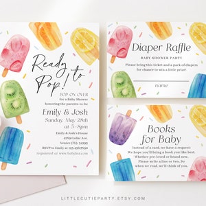 Editable Popsicle Baby Shower Invitation, Ready to Pop Shower Invite with Diaper Raffle, Books for Baby Boy and Gift Tag PSCBS002