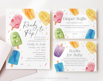 Editable Popsicle Baby Shower Invitation, Ready to Pop Shower Invite with Diaper Raffle, Books for Baby Boy and Gift Tag PSCBS002