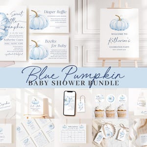 Editable Blue Pumpkin Baby Shower Invitation Bundle, Blue Little Pumpkin is On The Way with Games Bundle and Blue Fall Shower Decor BPKBS001