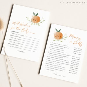 K&ouml;nnte beinhalten: Zwei druckbare Babyparty-Spielkarten mit einem Orangenthema. Die erste Karte zeigt eine s&uuml;&szlig;e Orange mit einem Gesicht und lautet "Gute W&uuml;nsche f&uuml;r das Baby". Die zweite Karte zeigt eine &auml;hnliche Orange und lautet "Mama oder Papa" mit einer Liste von Fragen, wer was f&uuml;r das Baby tun wird.