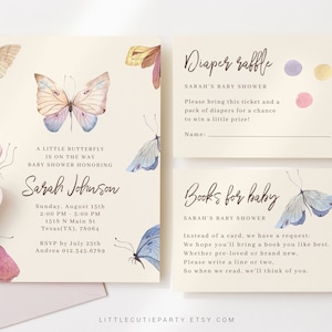 Bewerkbare Butterfly Boho baby shower uitnodiging, Butterfly baby shower uitnodiging, met gunst en kaarten voor Butterfly Party thema BUTFBS001