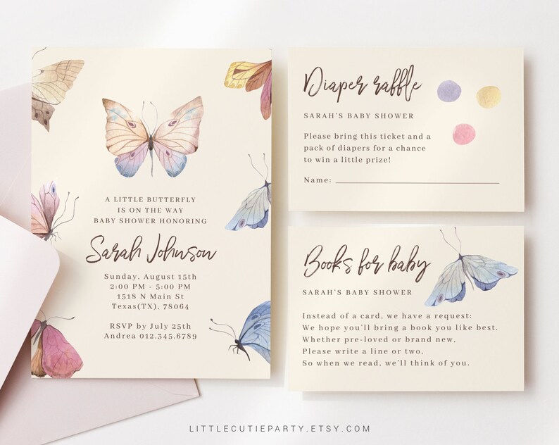 May include: A baby shower invitation with a watercolor butterfly design. The invitation is for Sarah Johnson and includes the date, time, and location of the shower. It also includes a diaper raffle and a books for baby request.