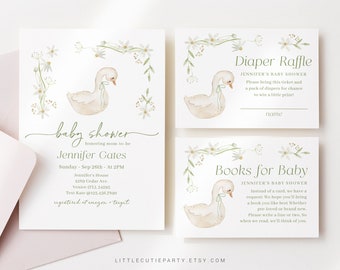 Editable Goose Baby Shower Invitation, Goose Invitation, Duck Invitation with Diaper Raffle, Books for Baby and Gift Tag GSEBS001