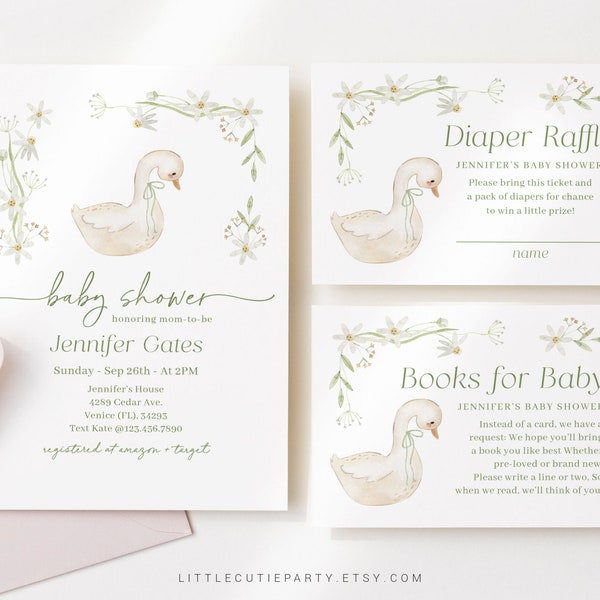Editable Goose Baby Shower Invitation, Goose Invitation, Duck Invitation with Diaper Raffle, Books for Baby and Gift Tag GSEBS001