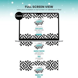 May include: A laptop displays a baby shower invitation with a black and white checkered flag design. The invitation includes the text "a little baby on board" and details for Julia Gates' baby shower. Additional text includes "Diaper Raffle" and "Books for Baby."
