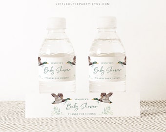 May include: Water bottle labels with a green and brown duck design. The labels say "Jennifer's Baby Shower" and "Thanks for coming".