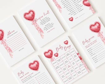 May include: A set of printable baby shower game cards with a pink and red watercolor heart design. The cards include games like "Baby Bingo", "Baby Guess", "Baby Name Race", "Advice for the New Parents", and "Pacifier Hunt".