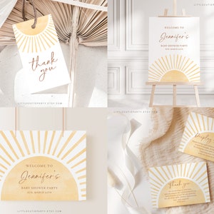 May include: A set of printable baby shower party decorations featuring a yellow sun with rays. The text on the signs reads "Welcome to Jennifer's Baby Shower Party Sun, March 25th" and "Thank You".