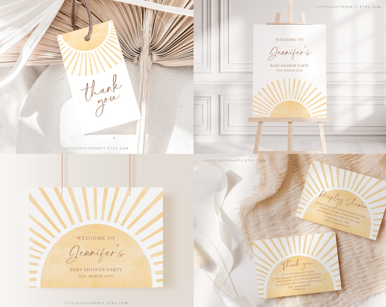 May include: A set of printable baby shower party decorations featuring a yellow sun with rays. The text on the signs reads "Welcome to Jennifer's Baby Shower Party Sun, March 25th" and "Thank You".