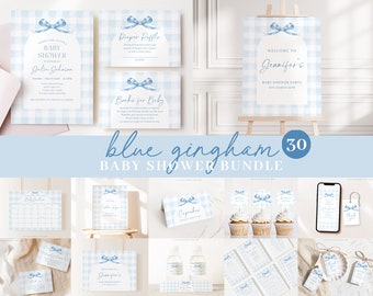 Editable Blue Gingham Baby Shower Invitation Bundle, Baby Blue Boy Bundle Set with Games Bundle and Blue Bow Shower Decorations BGHBS001